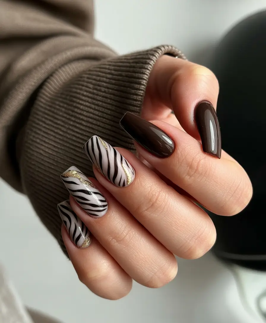 Winter Nail Art Inspo 2025–2026 Mocha Zebra Animal-Inspired Neutrals