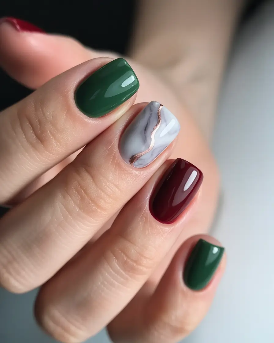 Winter Nail Art Inspo 2025–2026 Forest Marble Deep Green and Wine Elegance