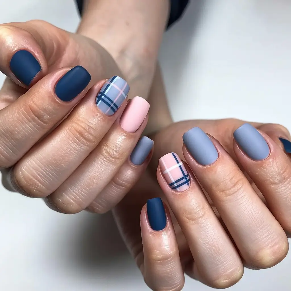 Winter Nail Art Inspo 2025–2026 Winter Plaid Cozy Chic in Blue and Pink