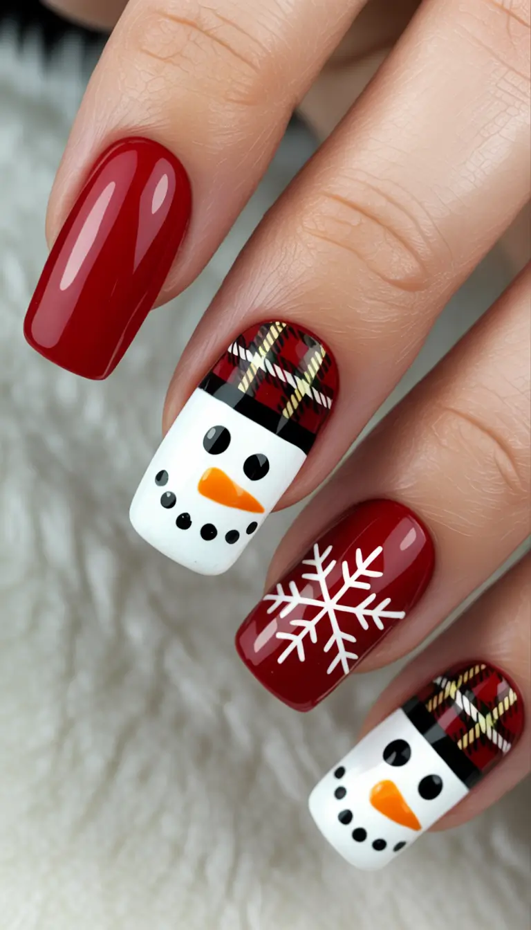 Winter Nail Art Inspo 2025–2026 Red Flannel Snowman Holiday Classic with a Twist