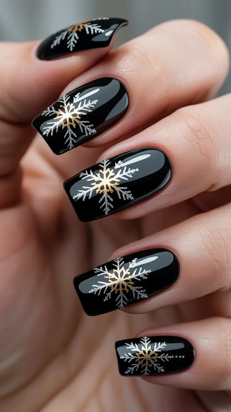 Winter Nail Art Inspo 2025–2026 Midnight Snow Black and Gold Elegance