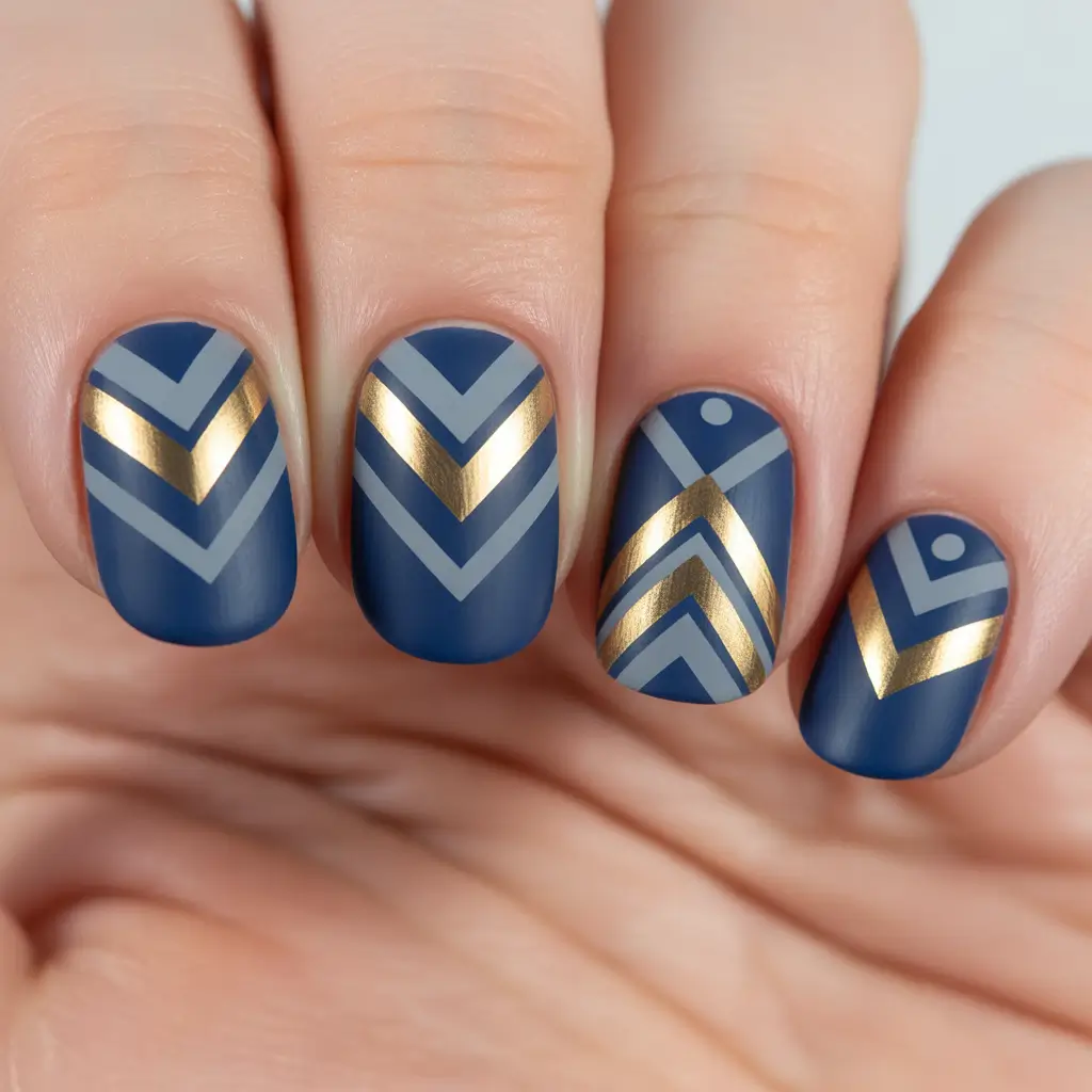 Winter Nail Art Inspo 2025–2026 Velvet Arrows Navy and Gold Geometry