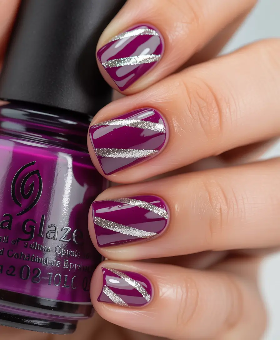 Winter Nail Art Inspo 2025–2026 Berry Spark Plum and Silver Stripes