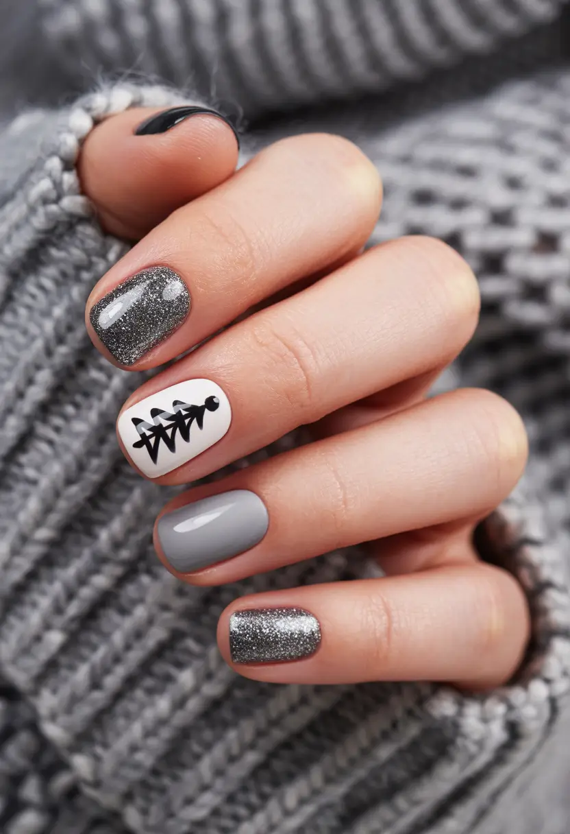 Winter Nail Art Inspo 2025–2026 Frosted Fir Silver and Tree Silhouette