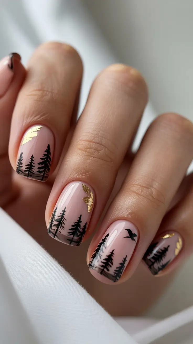 Winter Nail Art Inspo 2025–2026 Golden Forest Nature in Winter’s Glow