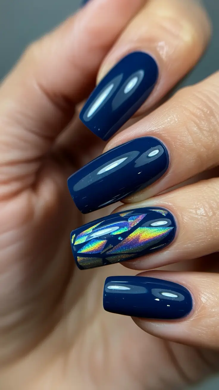 Blue Winter Nail Design Midnight Holographic Frost
