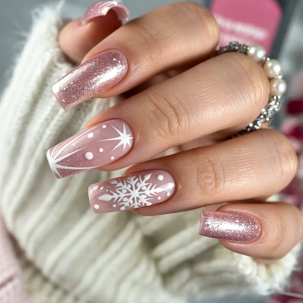 Pink White Glitter Winter Nail Design Snowflake Blush Sparkle