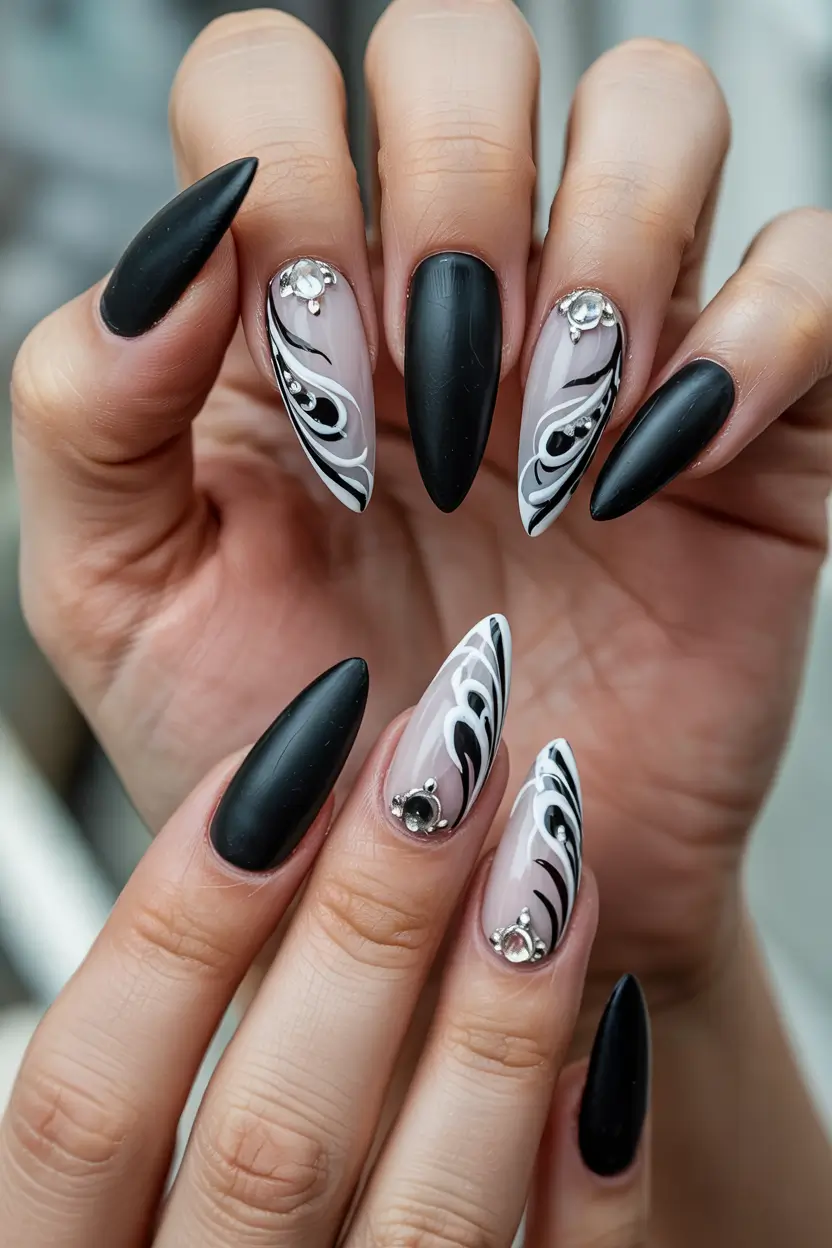 Black Classy Chic Winter Nail Design Midnight Baroque Drama
