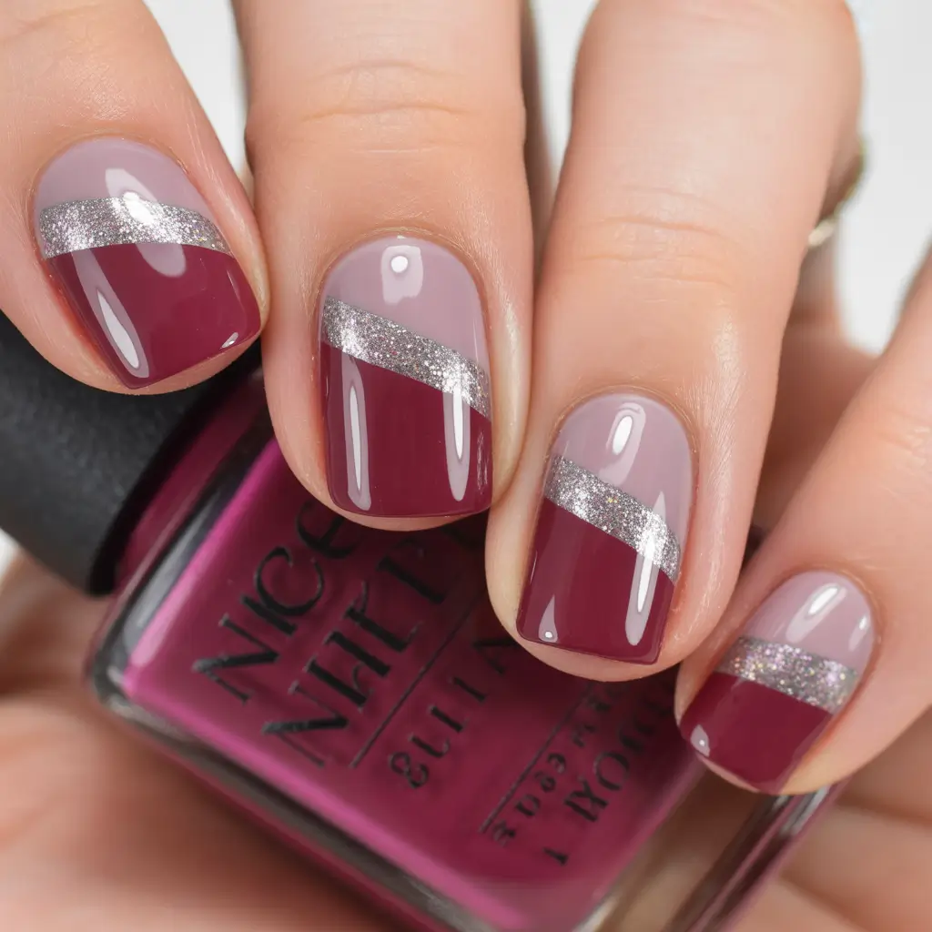Red Grey Glitter Winter Nail Design Burgundy Winter Lines