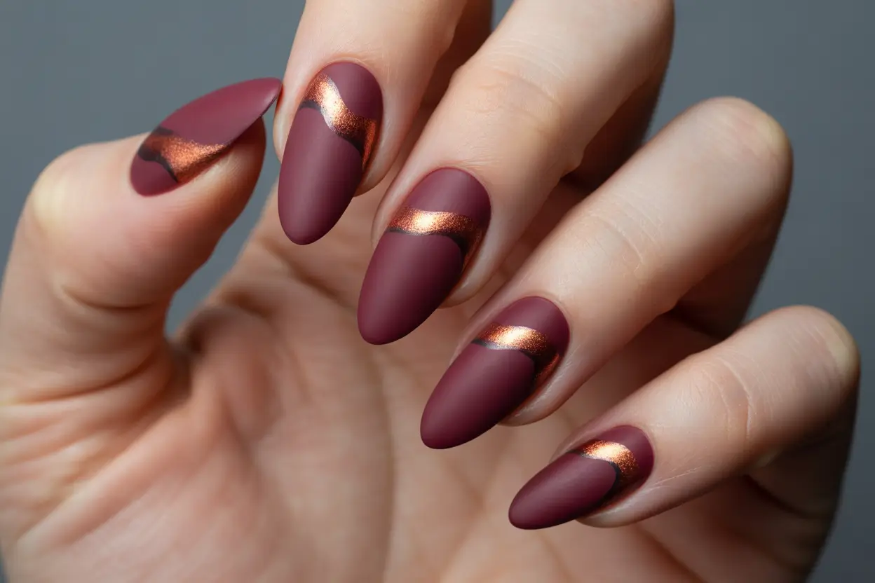 Dark Burgundy Copper Winter Nail Design Velvet Copper Waves