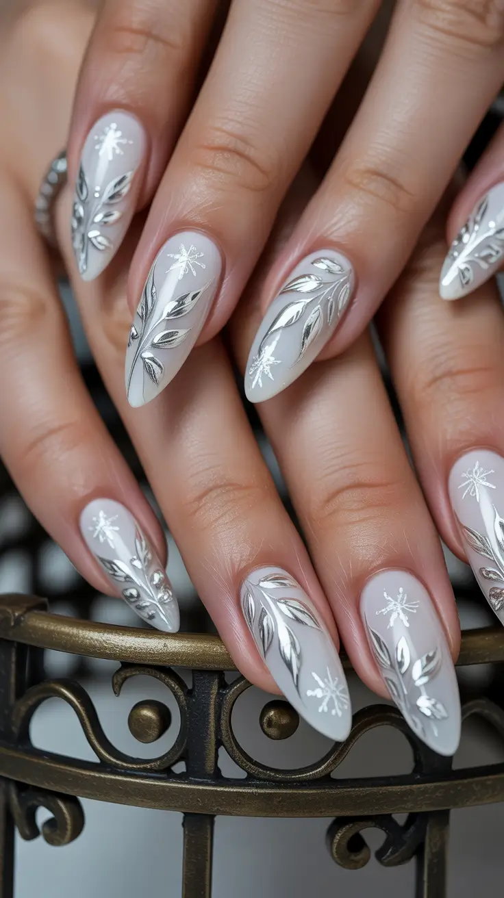White Chrome Silver Winter Nail Design Frosted Silver Leaves
