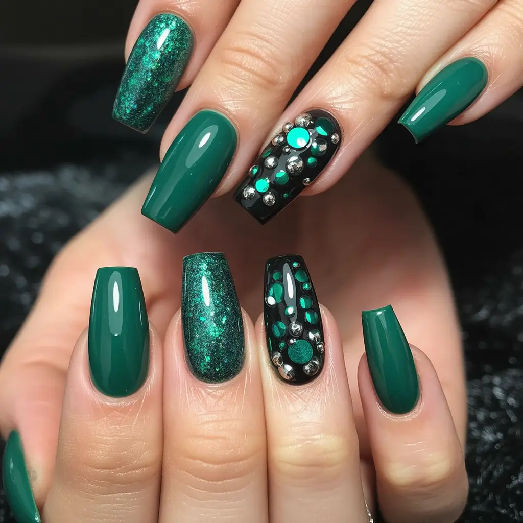 Green Black Glitter Winter Nail Design Emerald Winter Glam