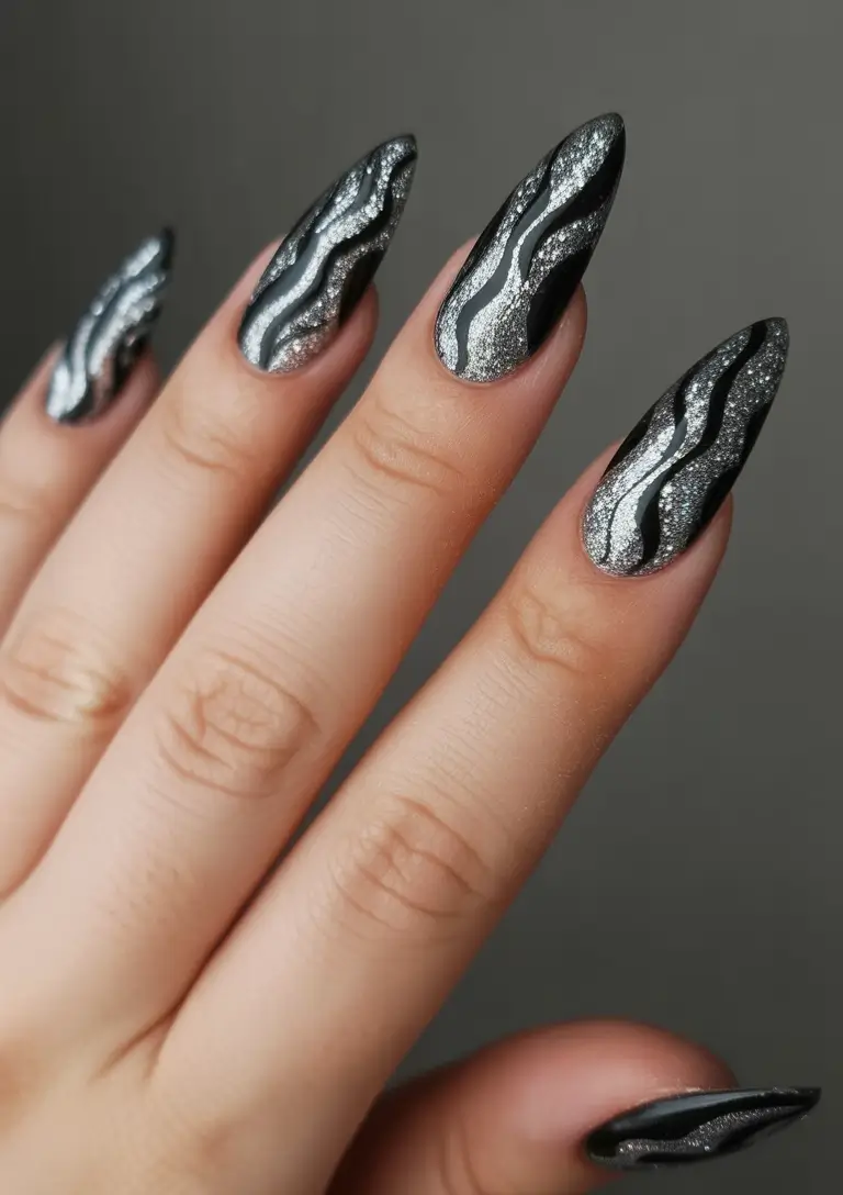 Black Silver Glitter Nail Design Silver Wave Mirage