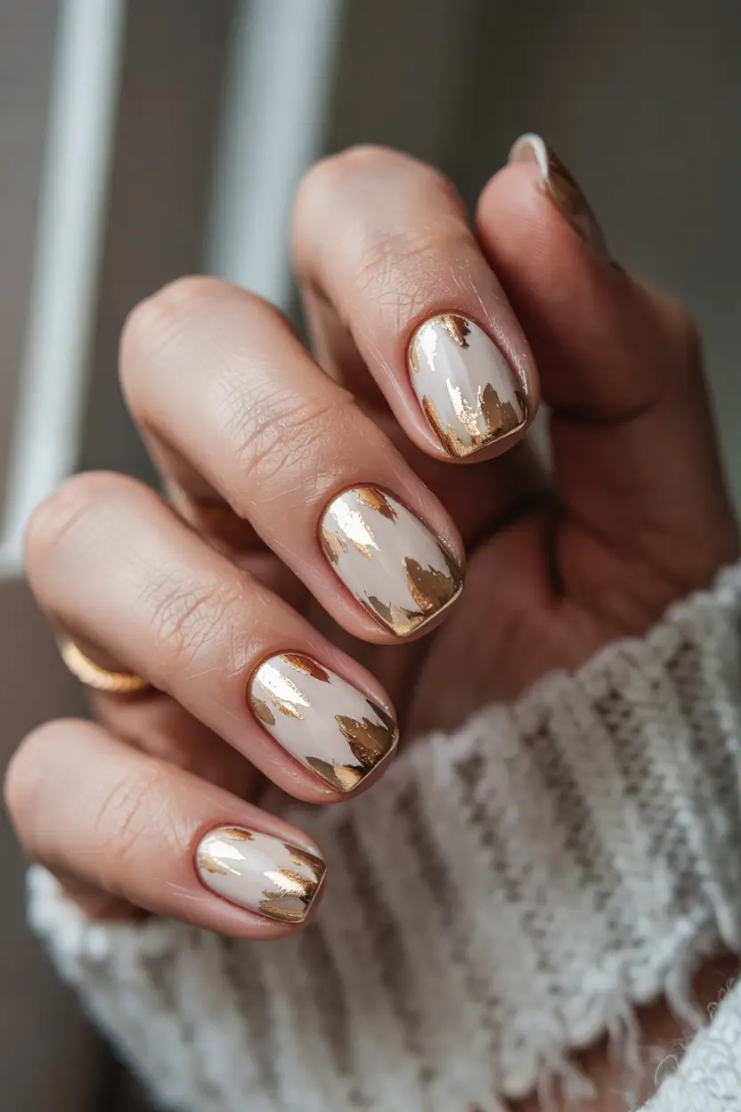 White and Gold Winter Nail Design Golden Frosted Tips