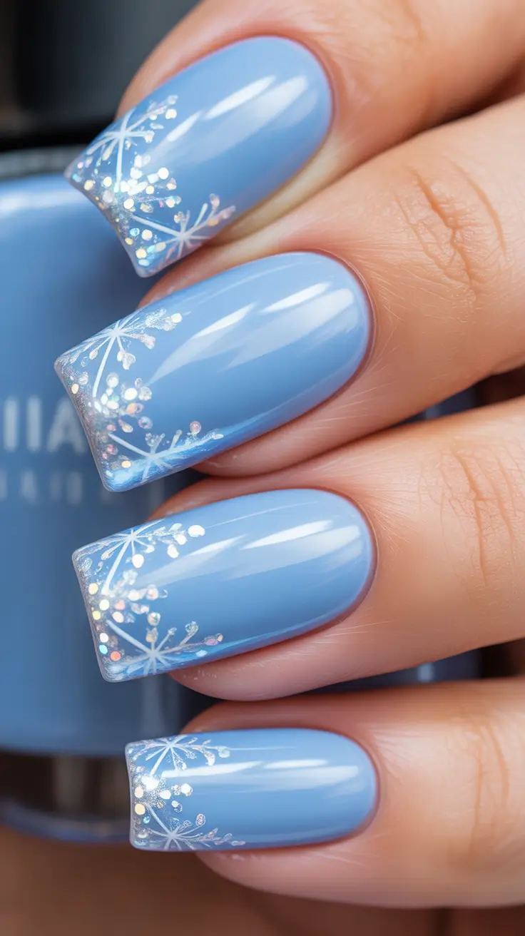Blue White Glitter Snowflake Nail Design Icy Blue Snowfall