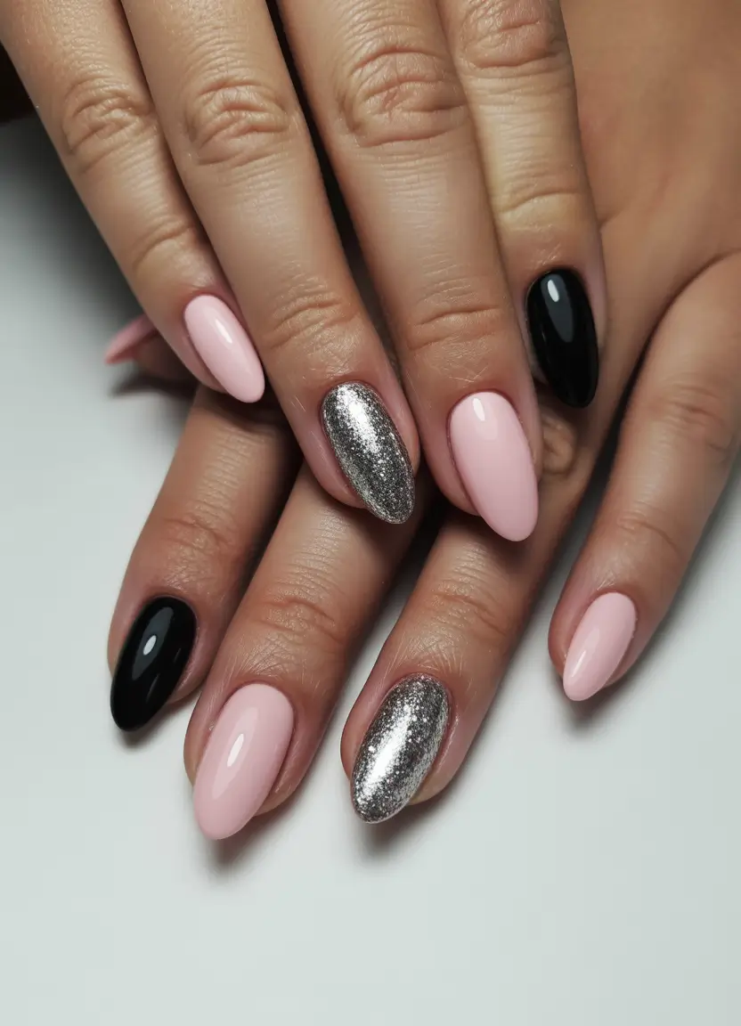 Pink Black Silver Nail Design Silver Rose Contrast