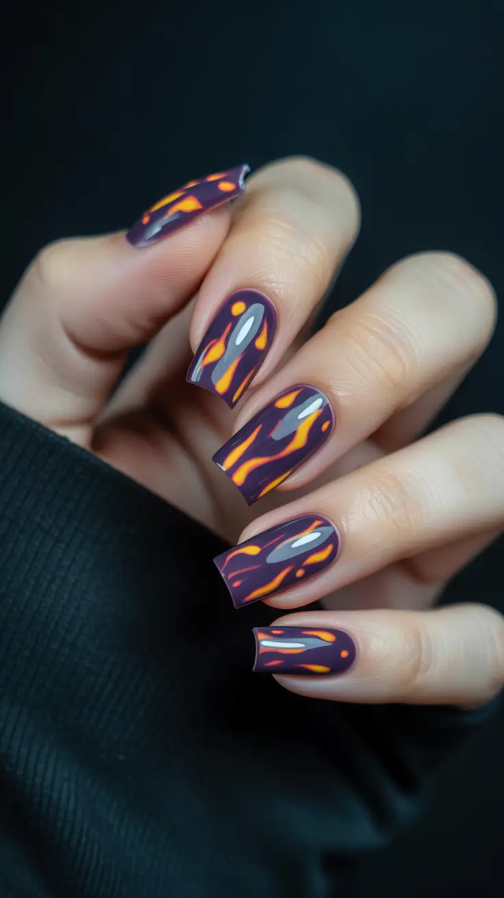 Dark Red Black Winter Nail Design Fiery Ember Flames