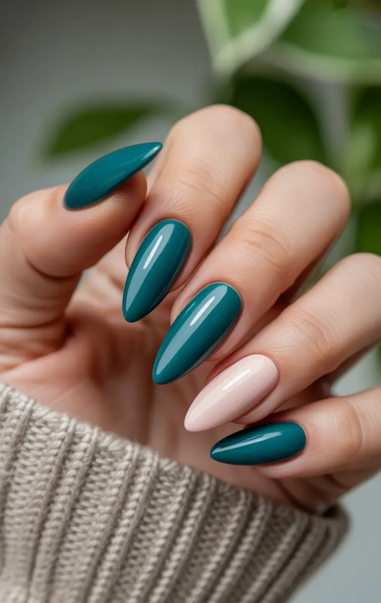 Green Nude Winter Nail Design Evergreen Elegance