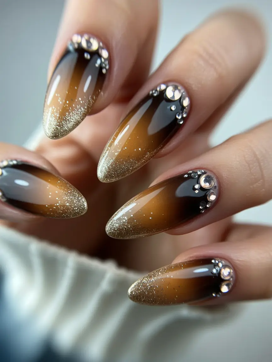 Brown Glitter Winter Nail Design Golden Espresso Ombre