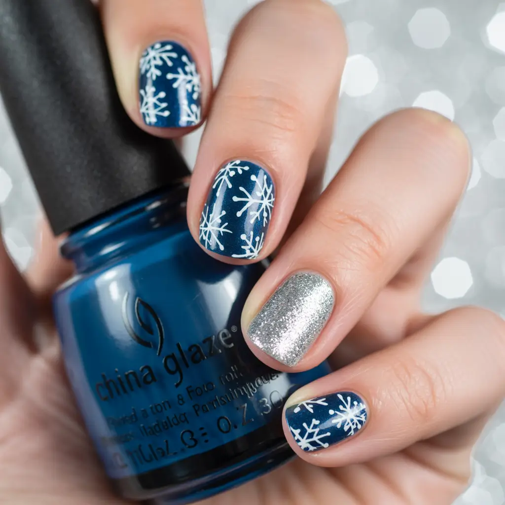 Blue White Silver Winter Nail Design Snowflake Silver Charm