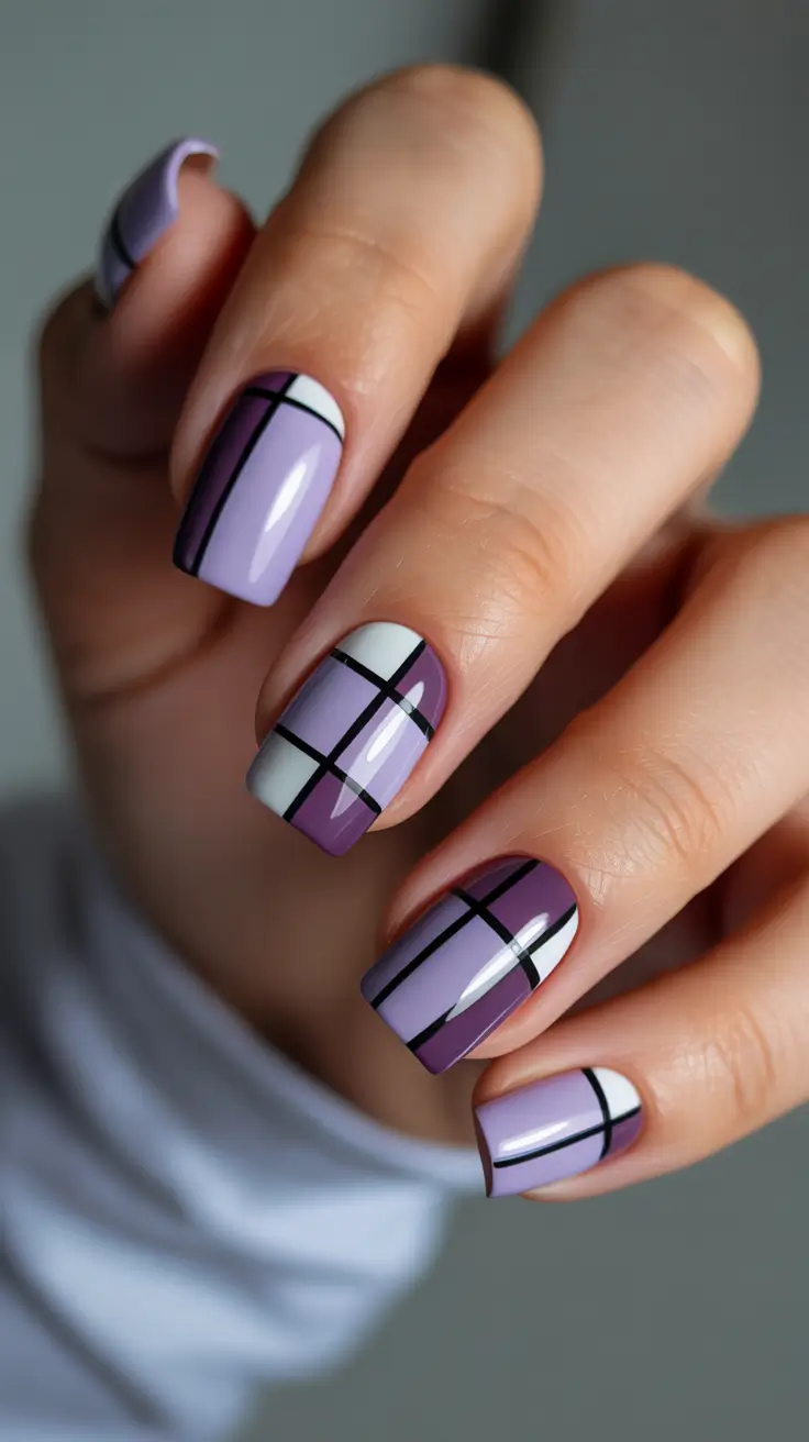 Purple Black Winter Nail Design Modern Lavender Grid