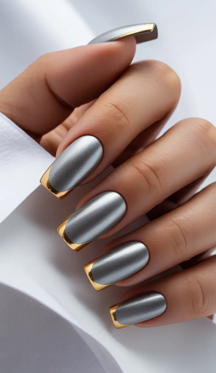 Almond acrylic Steel and Gold Luxe Tips