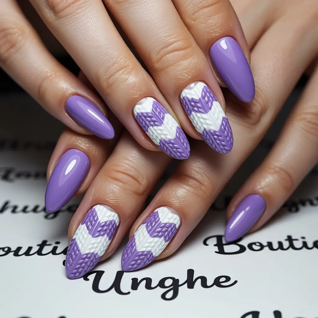 Winter Sweater Nails Ideas 2025 2026 Purple White Almond