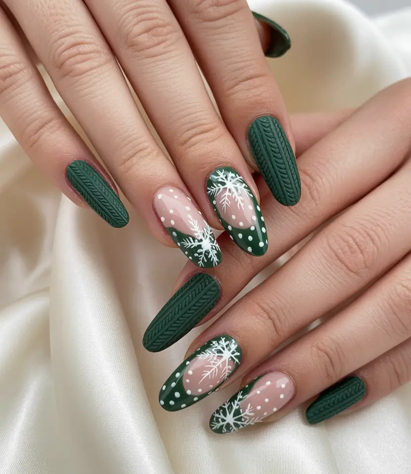 Winter Sweater Nails Ideas 2025 2026 Green French Tip White