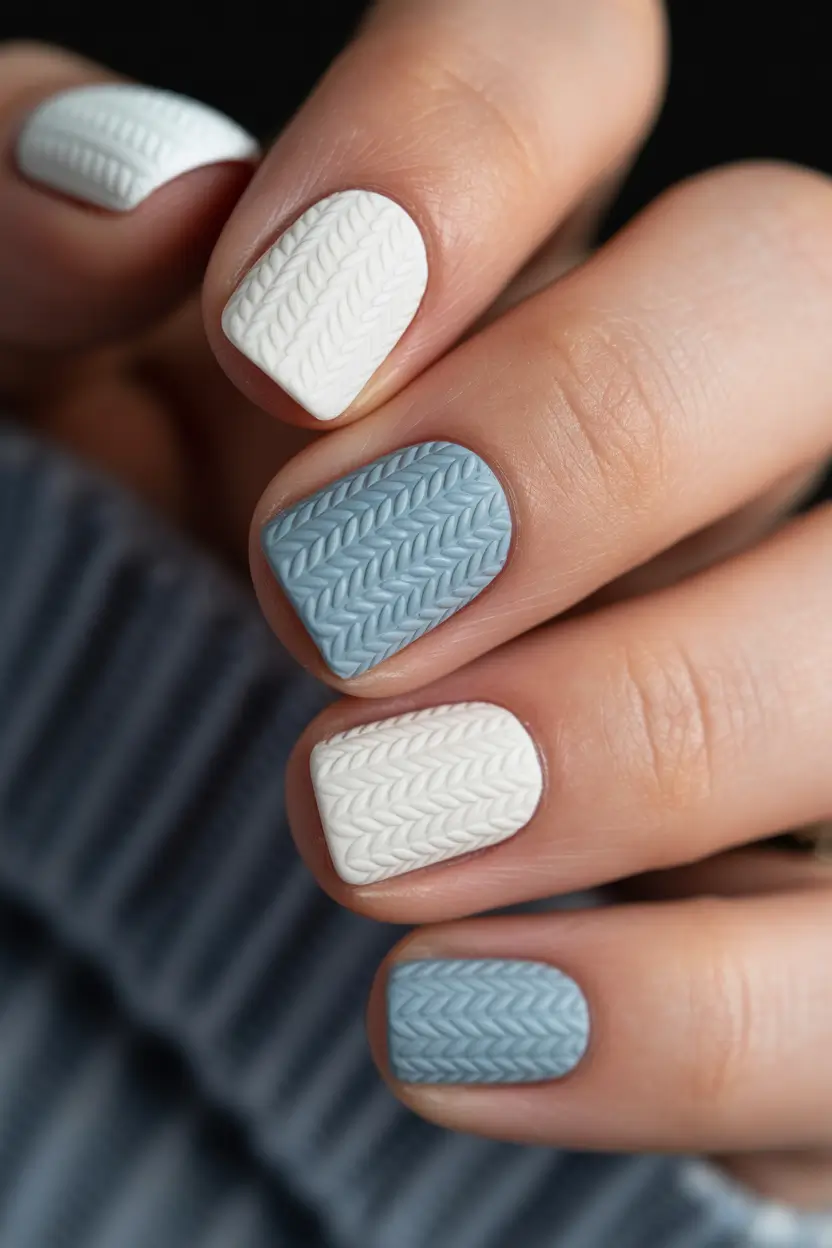 Winter Sweater Nails Ideas 2025 2026 Blue White Short