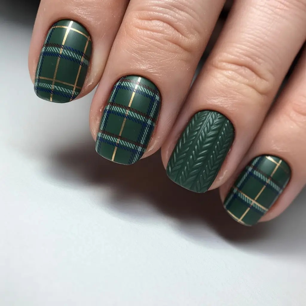 Winter Sweater Nails Ideas 2025 2026 Green Plaid