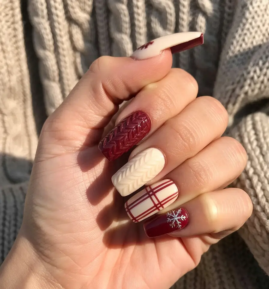 Winter Sweater Nails Ideas 2025 2026 Red White Plaid