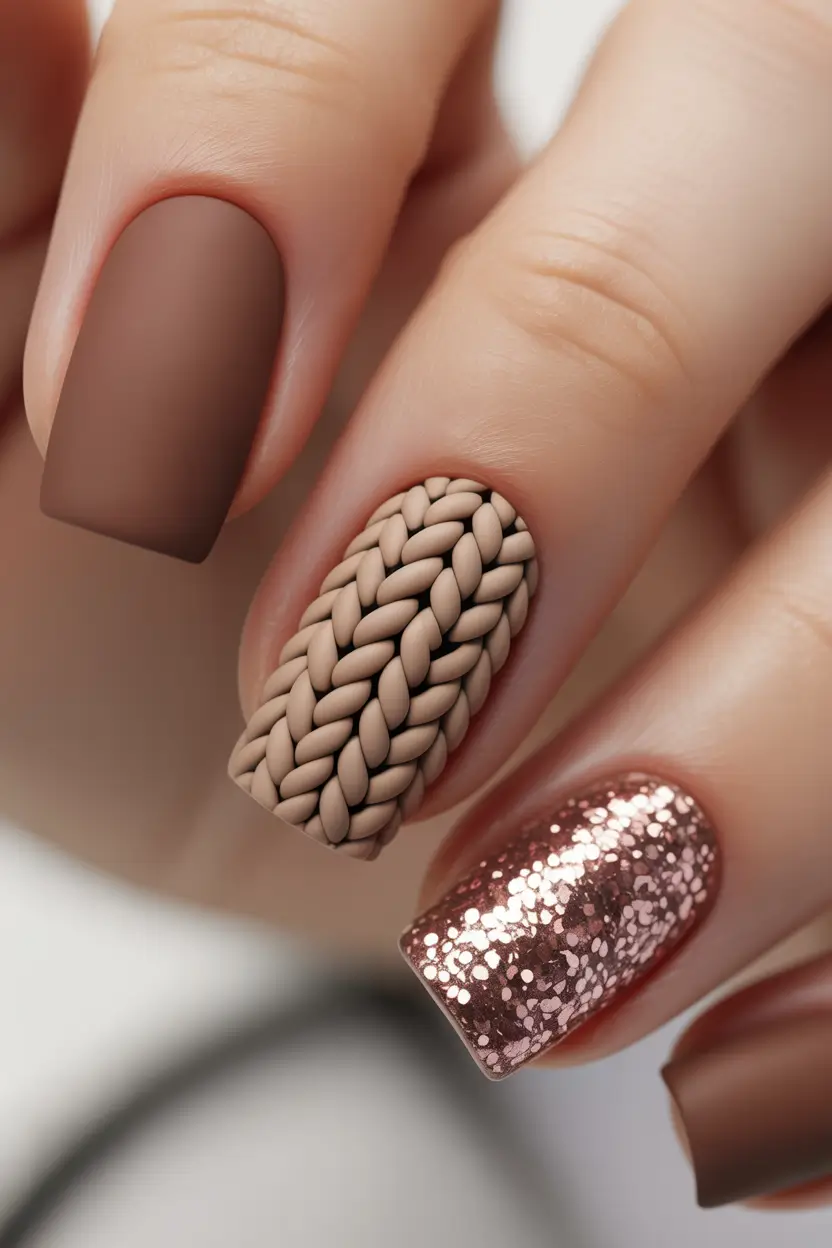 Winter Sweater Nails Ideas 2025 2026 Brown Beige Glitter