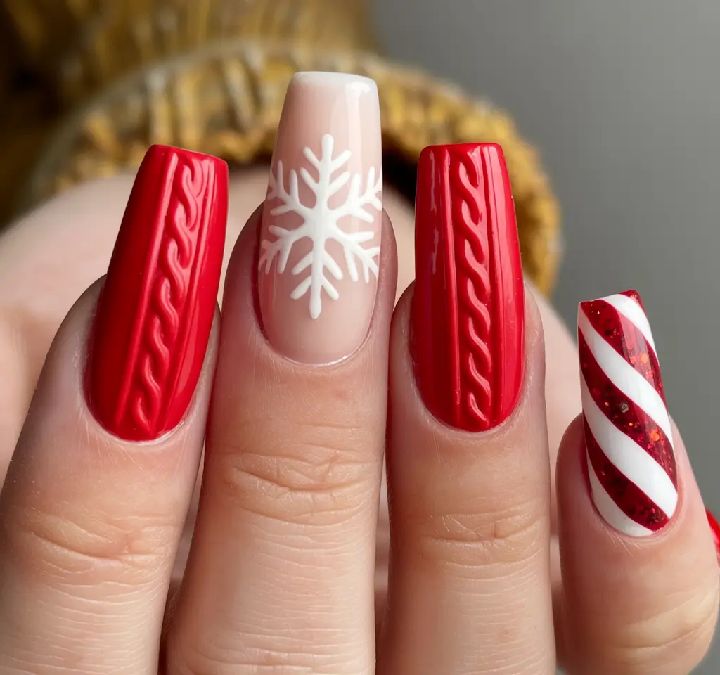 Winter Sweater Nails Ideas 2025 2026 Red White Glossy
