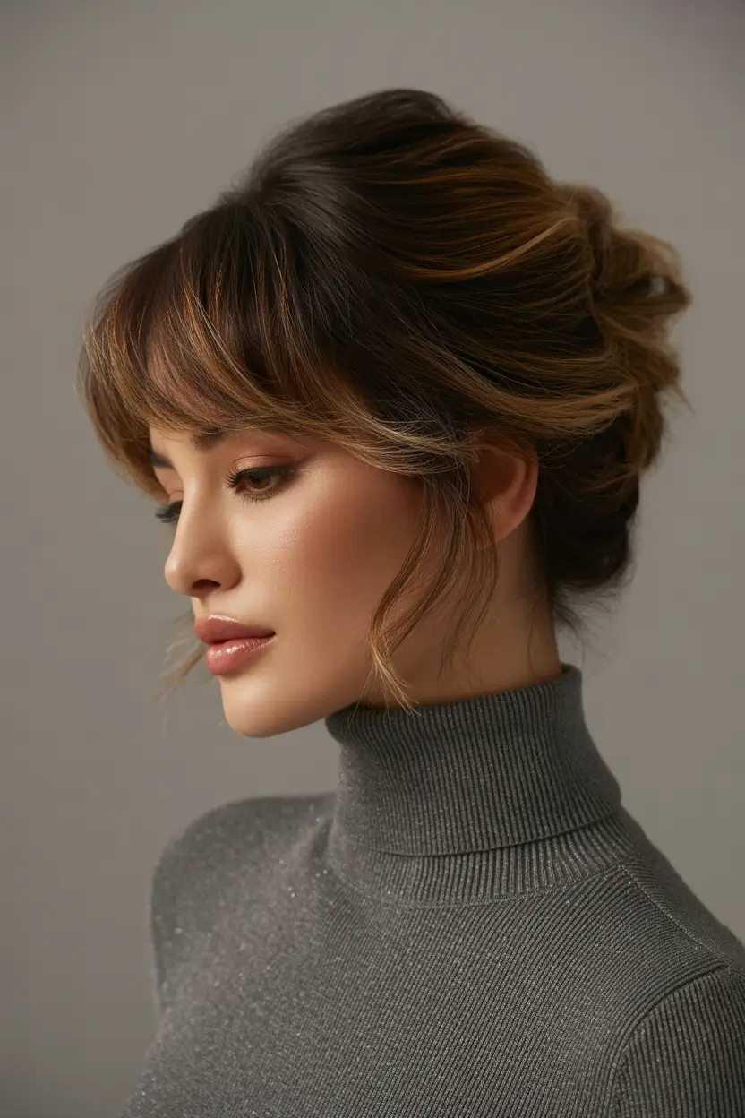 Women Hairstyles for Winter 2025–2026 Soft Bun with Curtain Bangs