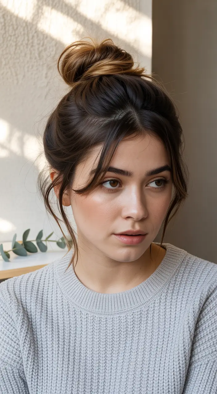 Women Hairstyles for Winter 2025–2026 Messy Top Knot with Soft Layers