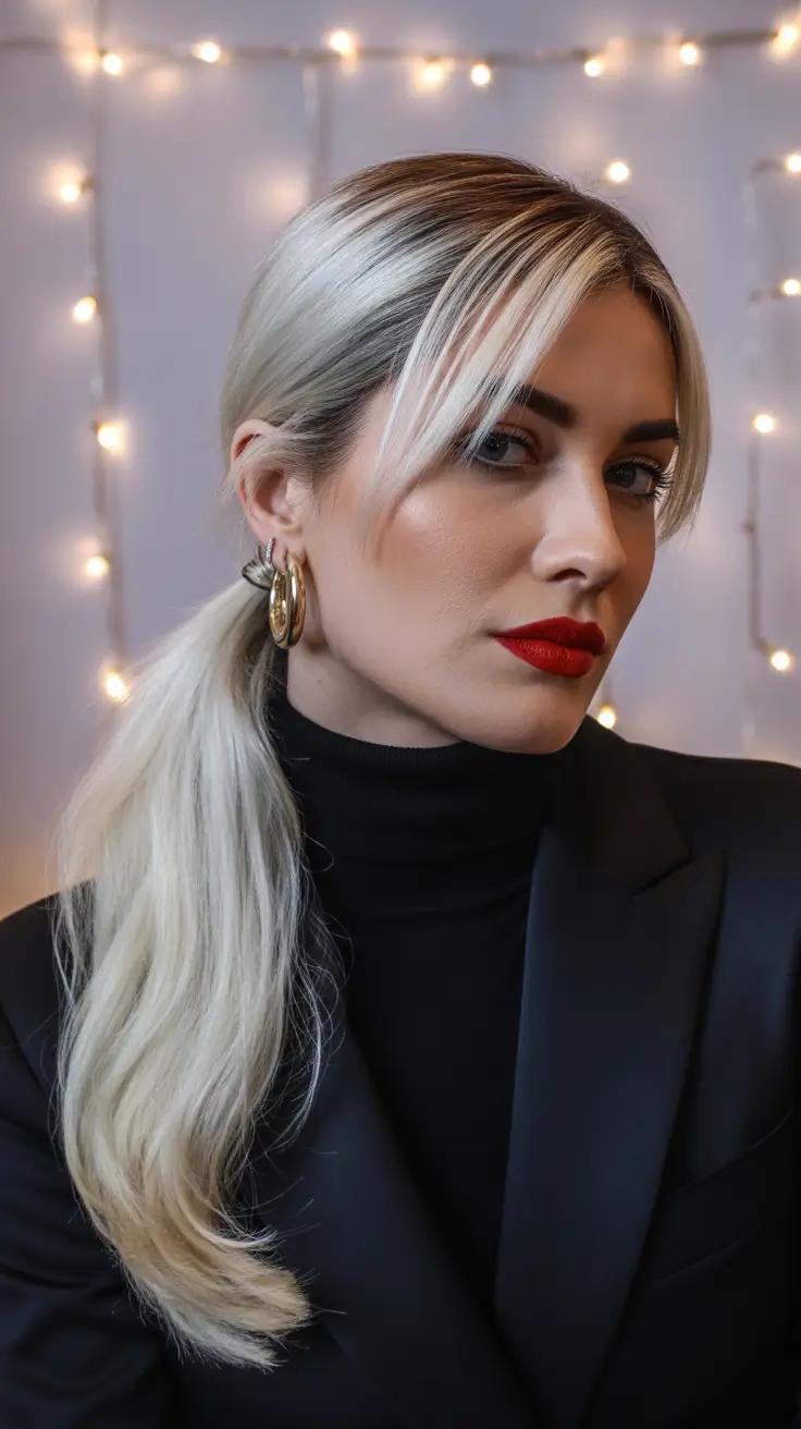 Women Hairstyles for Winter 2025–2026 Low Ponytail with Curtain Bangs