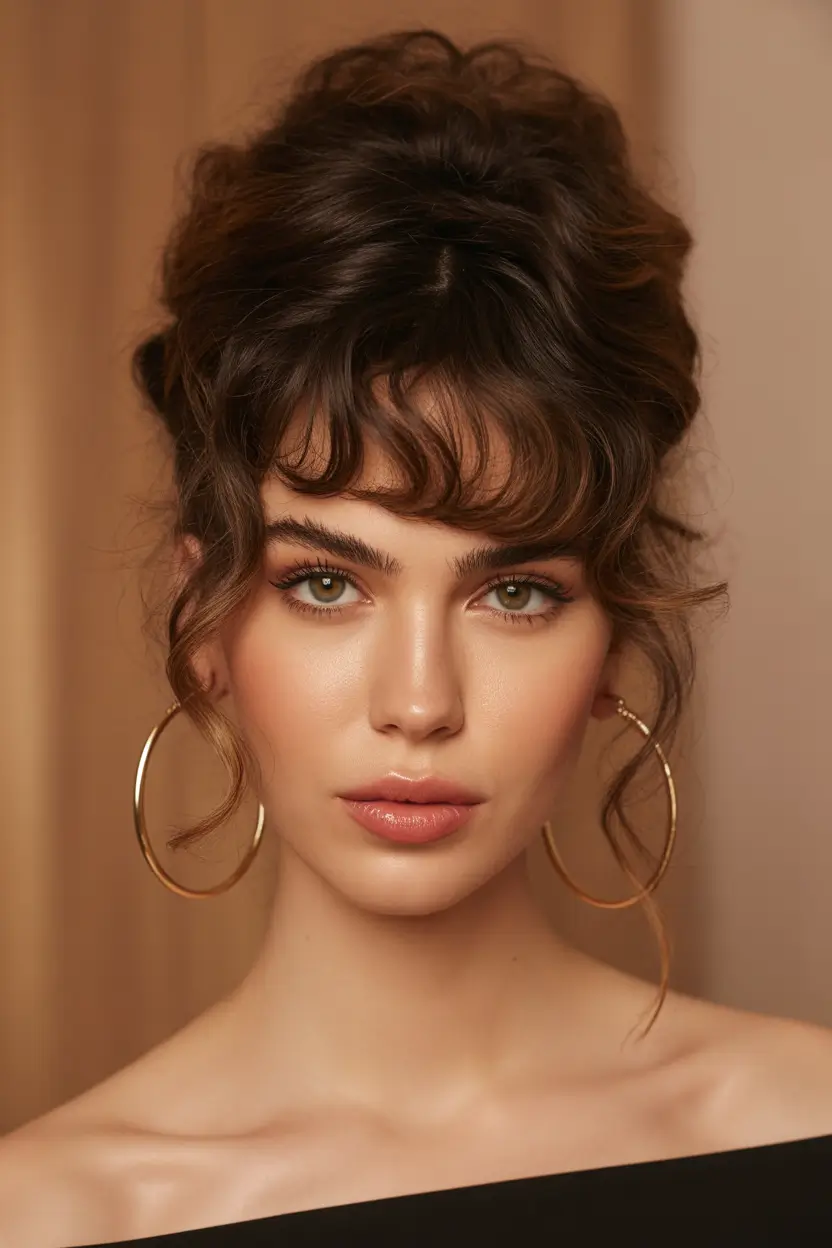 Women Hairstyles for Winter 2025–2026 Curly Updo with Fringe