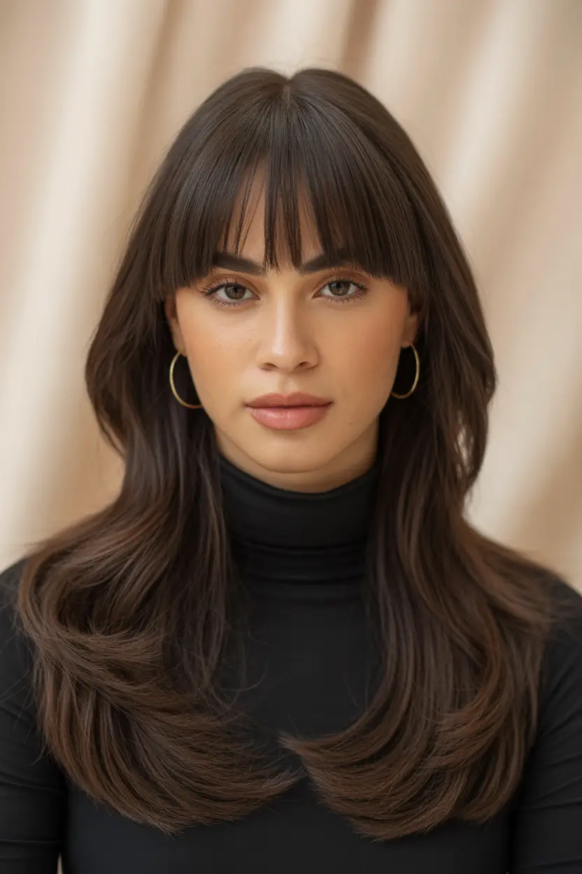 Women Hairstyles for Winter 2025–2026 Long Straight Layers with Bangs