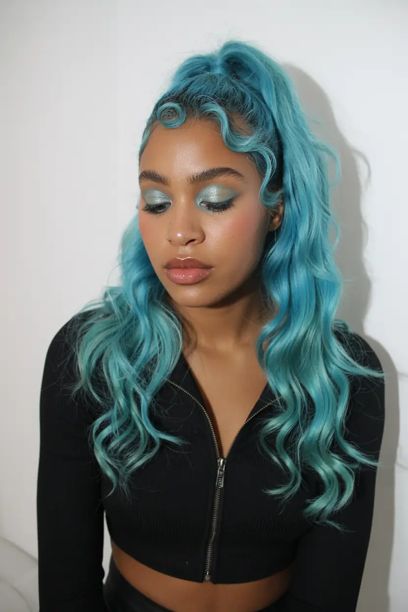 hair color for brown skin tone Tidal Teal High Pony Waves