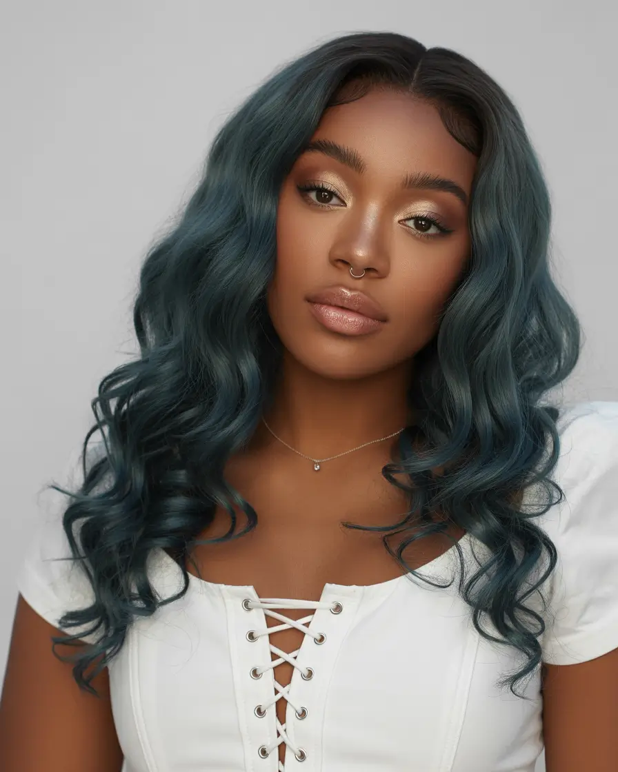 hair color for brown skin tone Deep Smoky Blue Curls