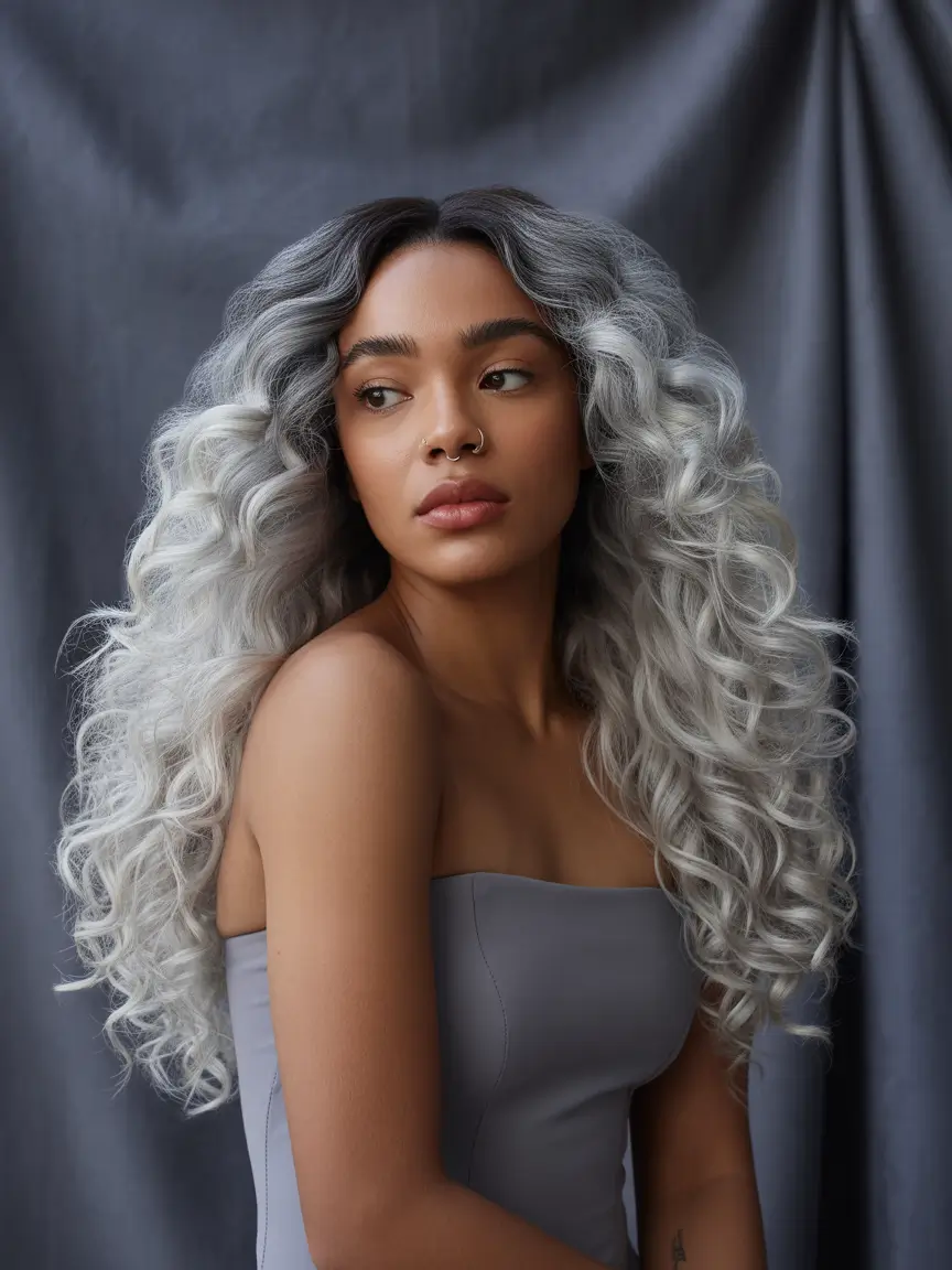hair color for brown skin tone Icy Silver Curly Ombre