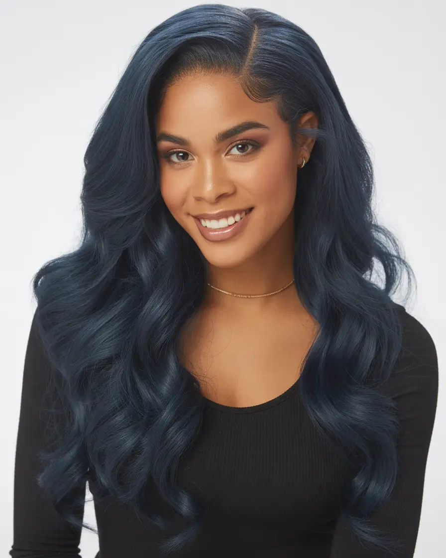 hair color for brown skin tone Midnight Navy Glam