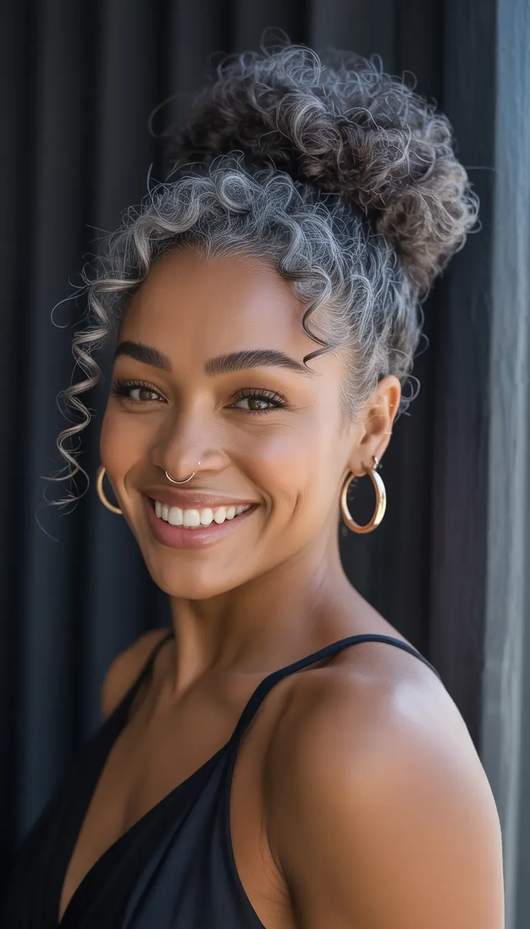 hair color for brown skin tone Frosted Curls High Bun