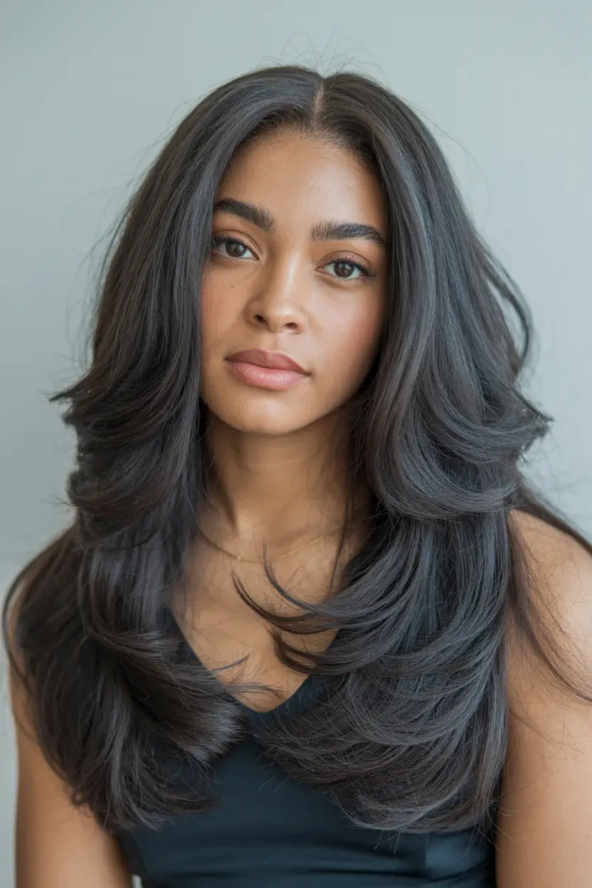 hair color for brown skin tone Soft Layered Charcoal Flow