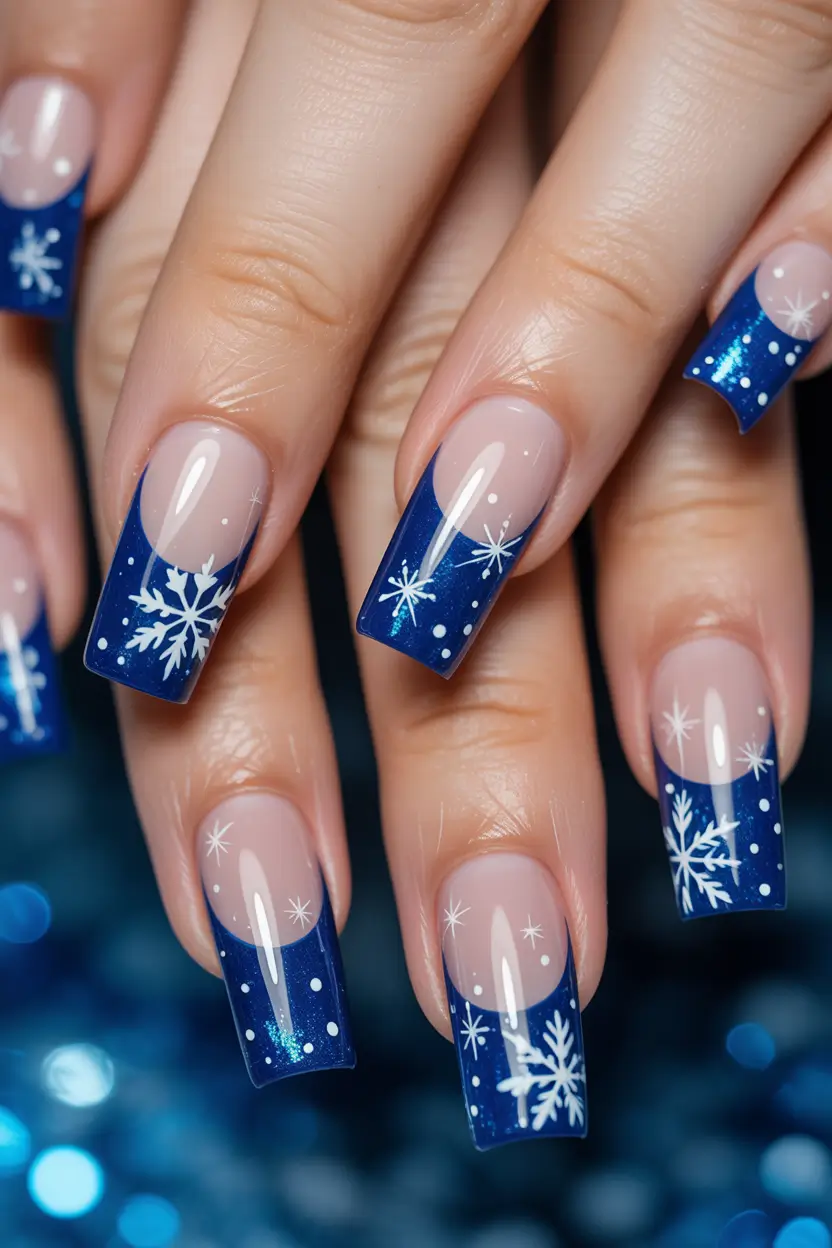 Best Nail Designs for Christmas 2025 Blue Snowflake French