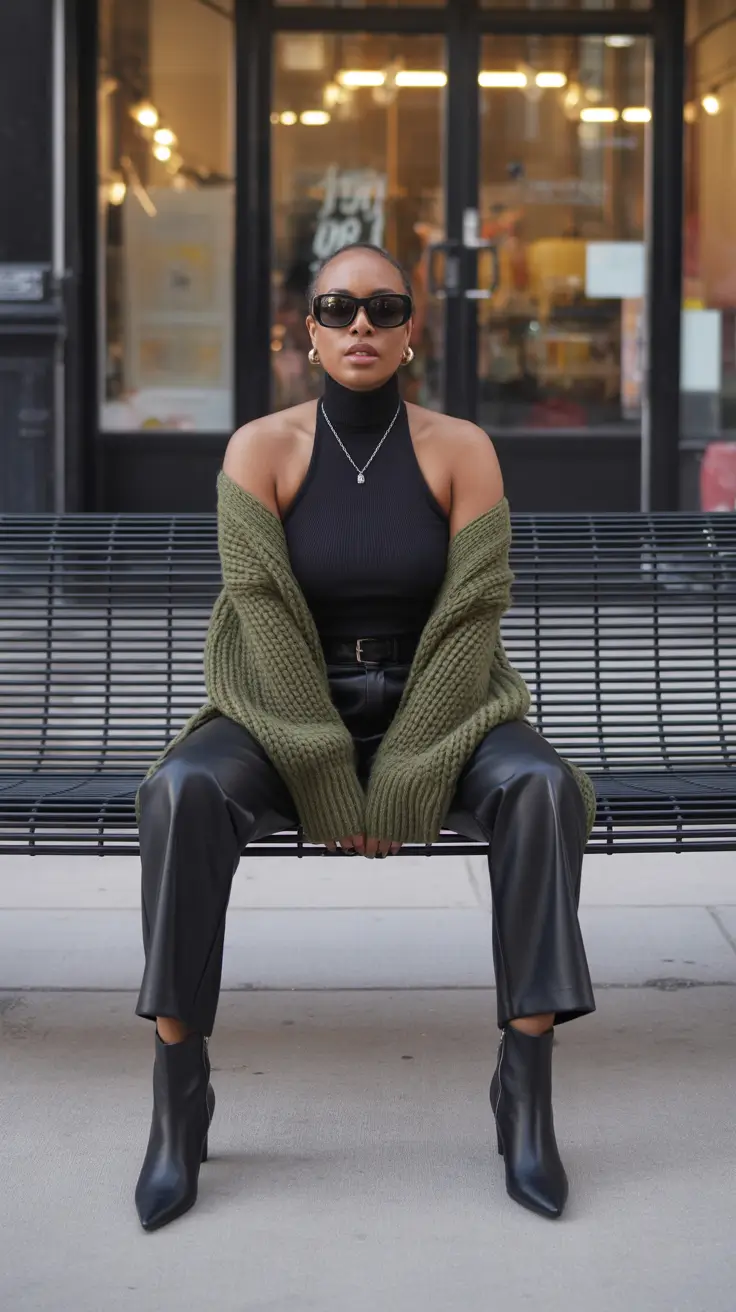 Best outfits for Black women 2026 - Urban Edge: Olive Knit and Leather Power Pants