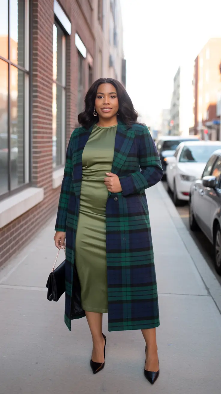 Best outfits for Black women 2026 - Plaid Power Coat and Olive Satin Dress