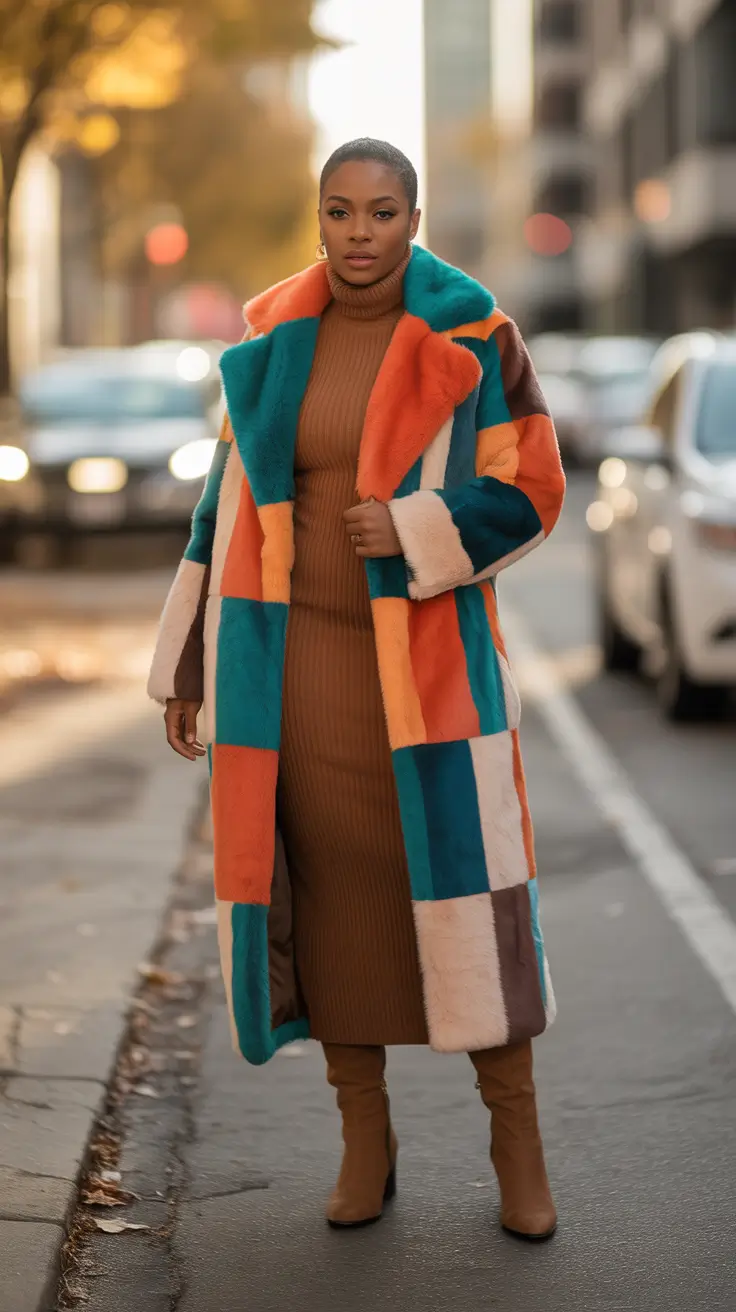 Best outfits for Black women 2026 - Statement Warmth: Patchwork Coat and Caramel Knit Dress