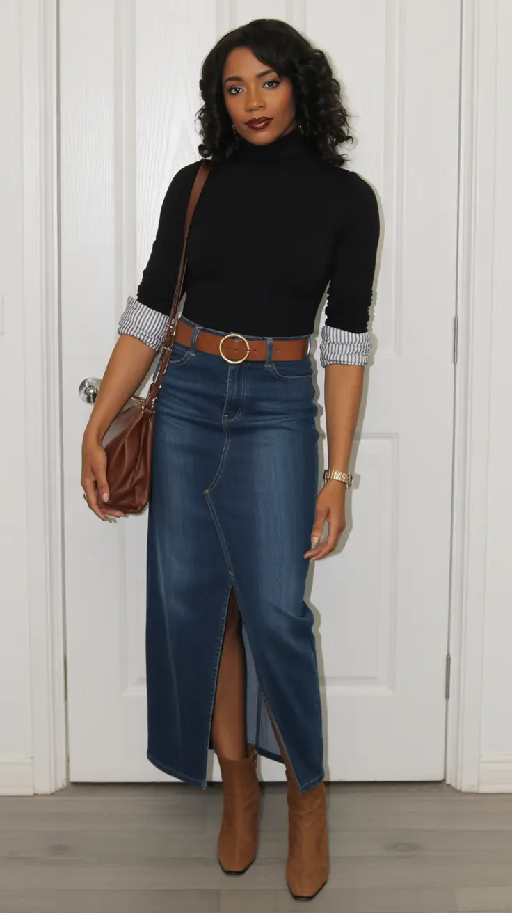 Best outfits for Black women 2026 - Denim Elegance: Black Turtleneck and Front-Slit Midi Skirt