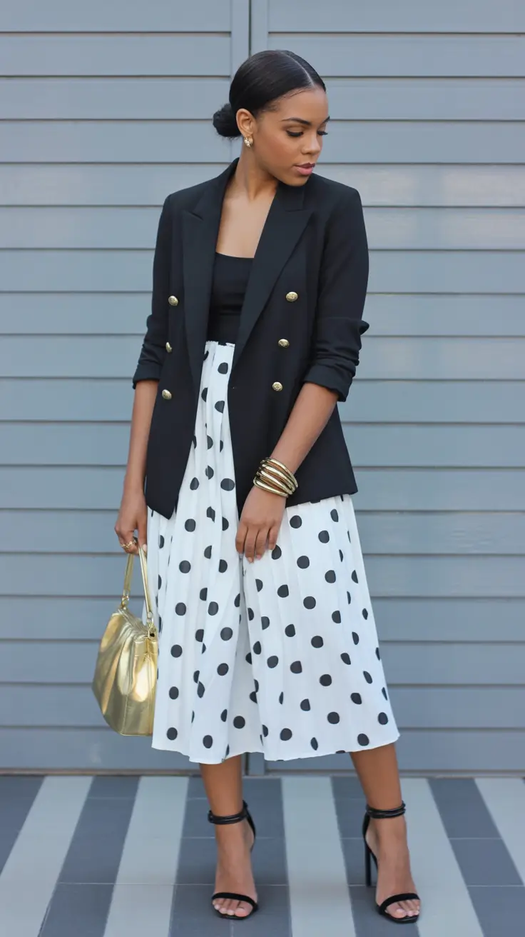 Best outfits for Black women 2026 - Polka-Dot Charm: Black Blazer and Pleated Midi